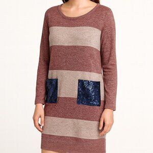 Entro Burgundy Reverse Terry Stripe Long Sleeve Shift Dress Womens Size S NWT